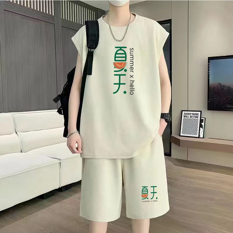 潮牌休闲运动套装男宽松无袖背心短裤两件套搭配跑步一套帅气男装