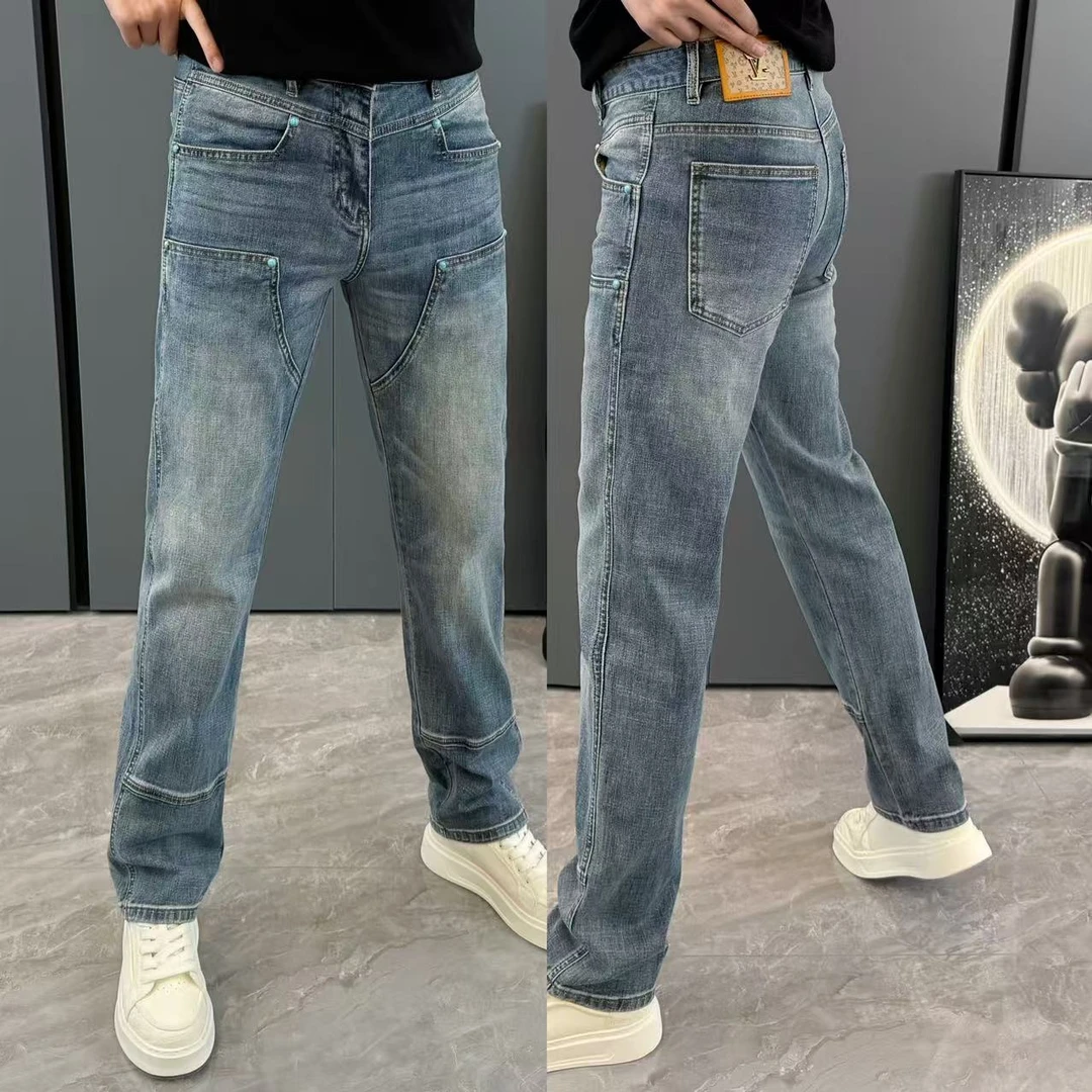 男裤夏季新款牛仔裤男潮流拼接宽松直筒裤时尚百搭个性韩版裤子男