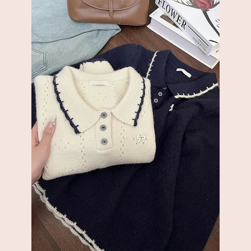 爆款蝴蝶结钩花翻领纽扣针织衫搭裙子氛围感早秋穿搭毛衣2025秋季