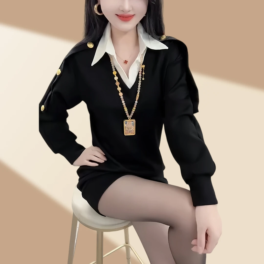 2024年秋冬新款假两件polo领拼接大码宽松显瘦中长款休闲卫衣裙女