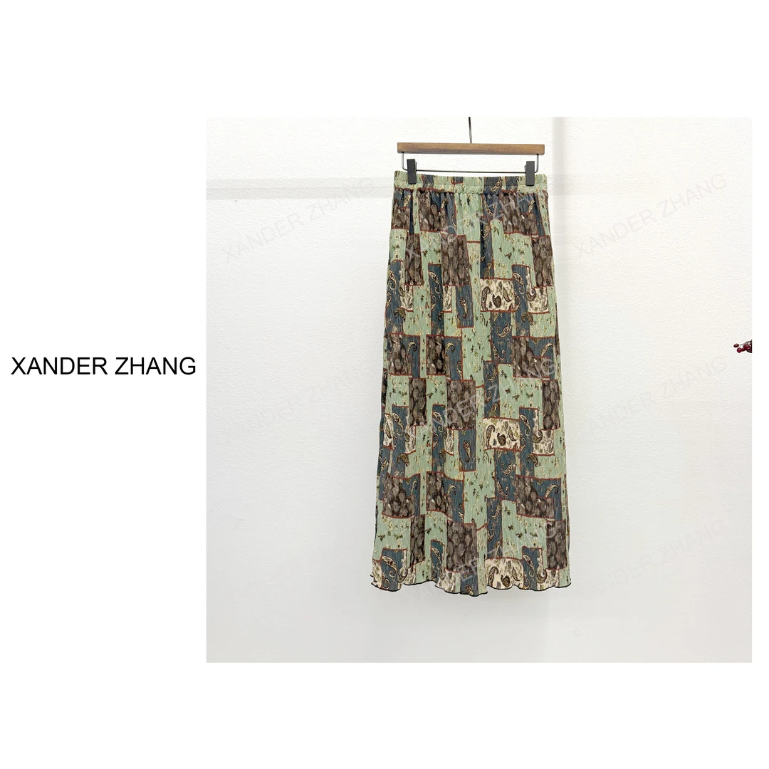 山大张复古高级感印花褶皱半身裙YBH1J399百搭显瘦气质