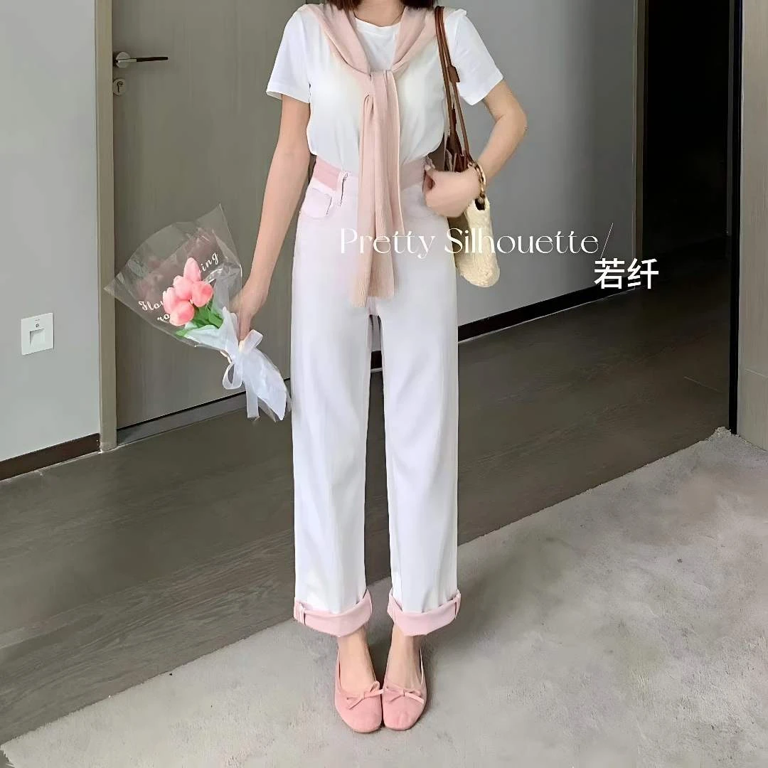 Pretty Silhouette/若纤夏款上新【樱花粉】八面微弹直筒裤中高腰