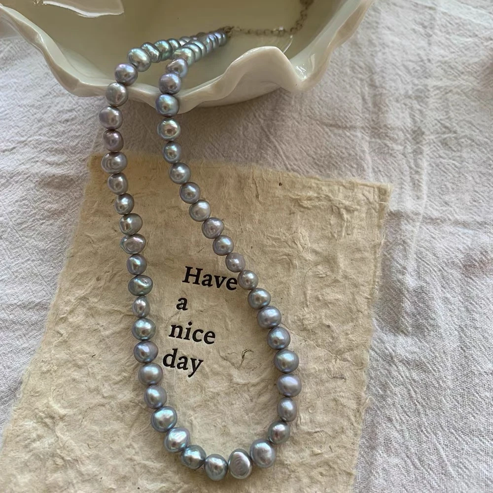 真多麻灰淡水珍珠项链高级感氛围感百搭女毛衣链女无核炫彩碎银子