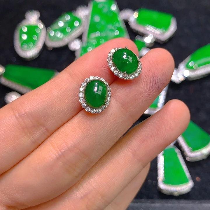 翡翠耳饰银S925镶嵌一对
