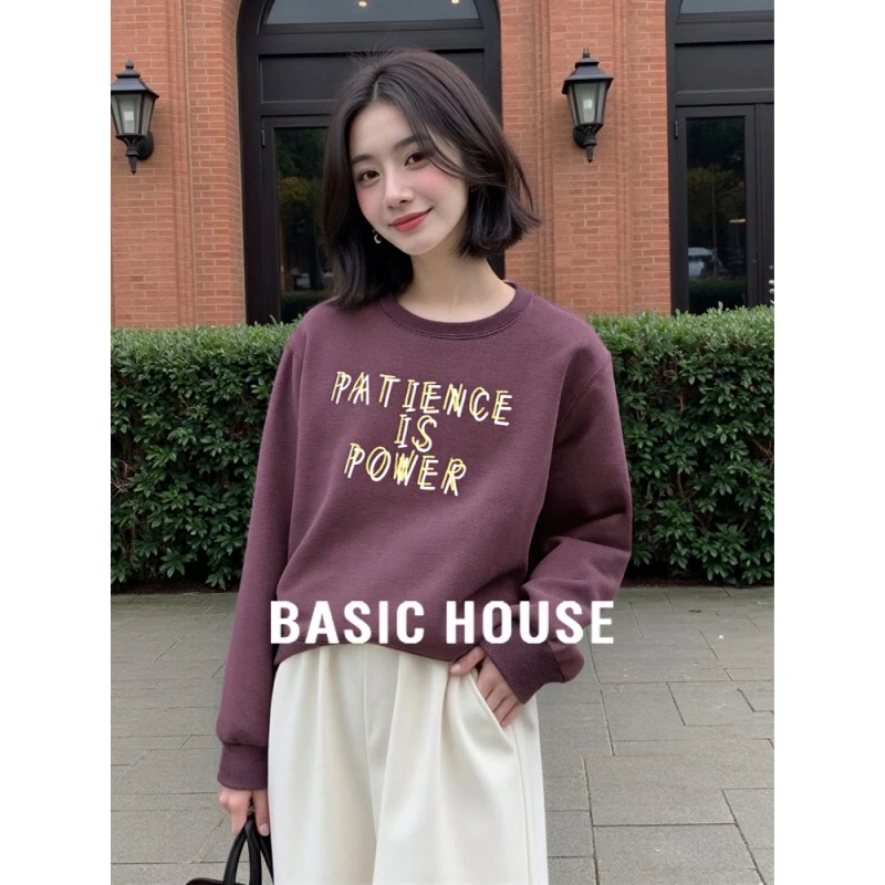 Basic House/百家好紫色字母印花圆领卫衣女2025秋冬宽松慵懒上衣
