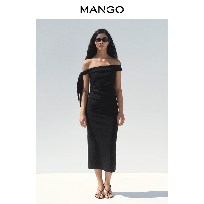 年终折扣MANGO女装连衣裙2025秋装新款一字肩开叉修身捏褶连衣裙