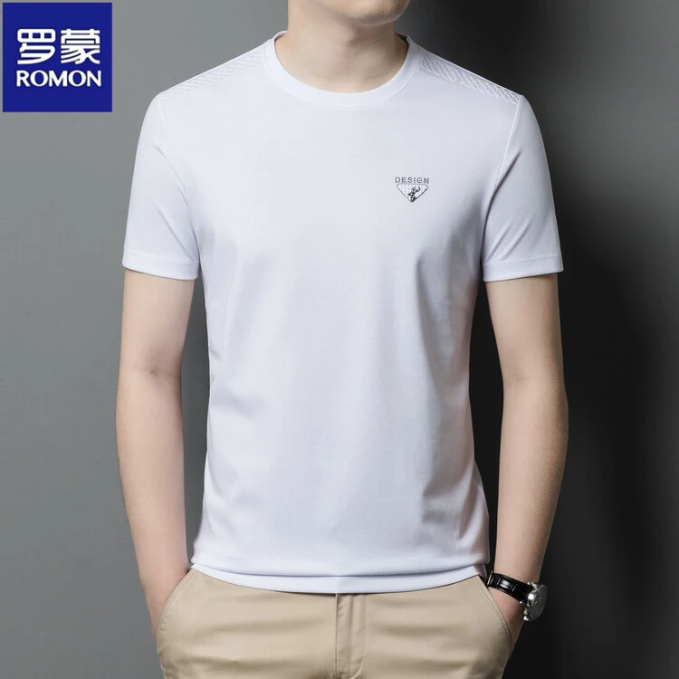 罗蒙冰丝短袖t恤男士含桑蚕丝夏季新薄款潮流圆领印花休闲T恤
