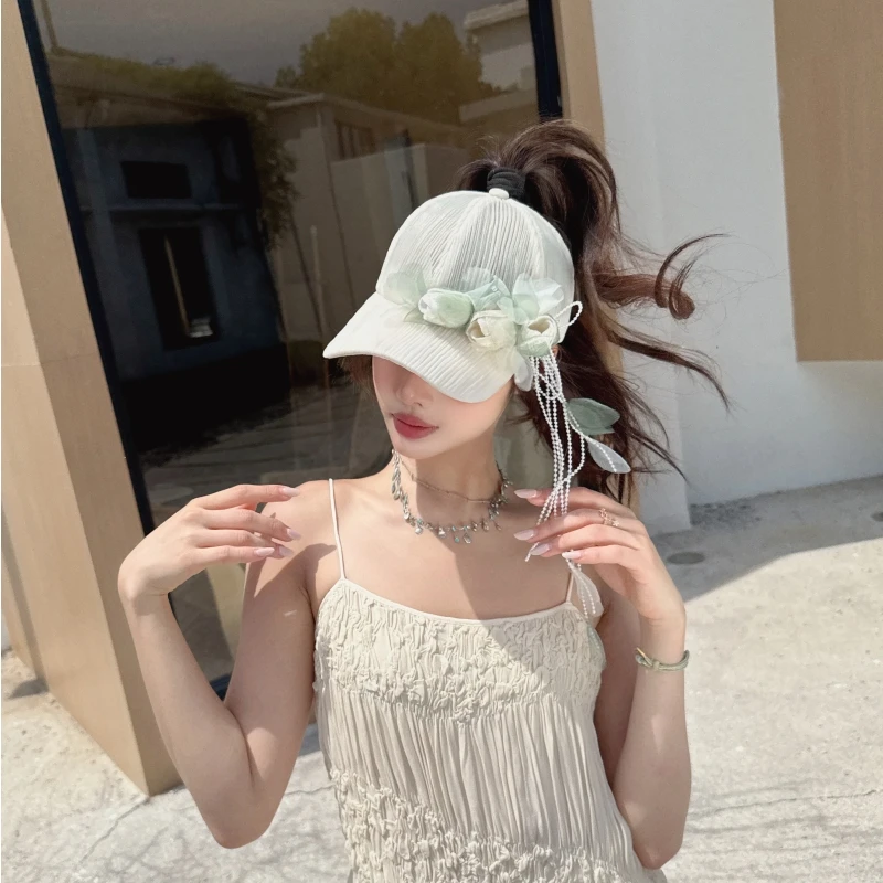 CREAMPP 原创春夏半透仙气质感丝绒雪纱花朵流苏清新高马尾鸭舌帽