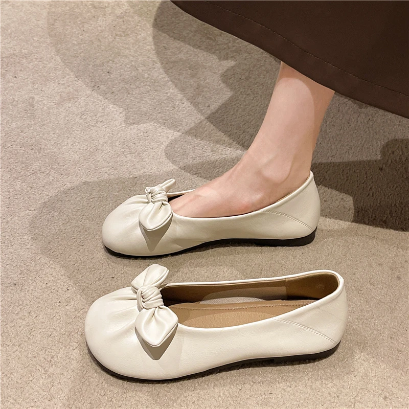 温柔单鞋女平底软底蝴蝶结单鞋女浅口一脚蹬豆豆鞋通勤不累脚女鞋
