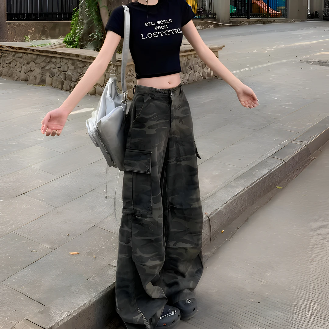 美式高街迷彩牛仔工装裤女夏季新款复古宽松阔腿显瘦直筒休闲裤子