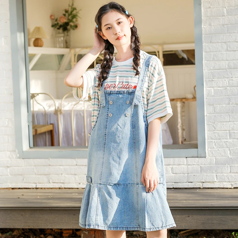 女大童连衣裙牛仔背带裙夏装青少年女装学生初中生搭配套装高中生
