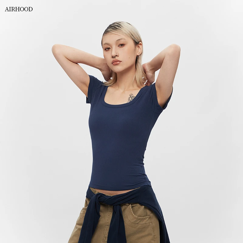 AIRHOOD 25国潮春夏爆款螺纹坑条性感修身短款短袖方领女T恤C5128