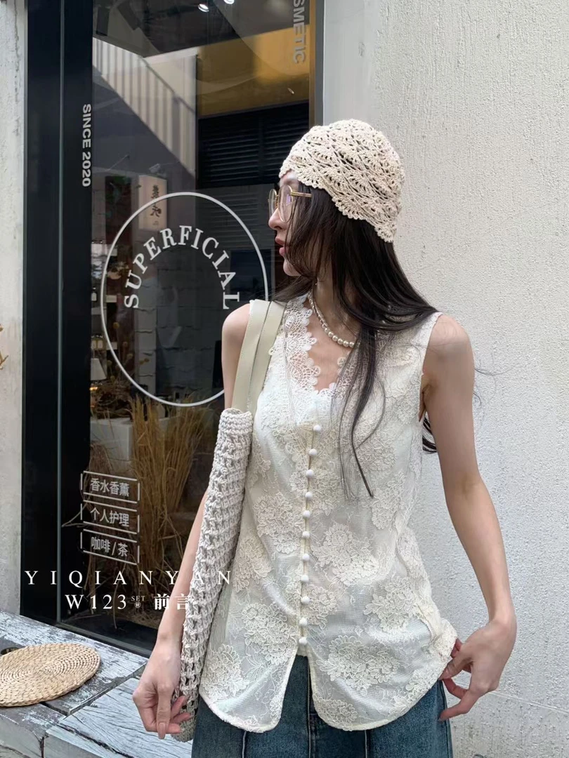 欧货正品W123新款V领蕾丝拼接无袖背心女宽松显瘦百搭上衣女
