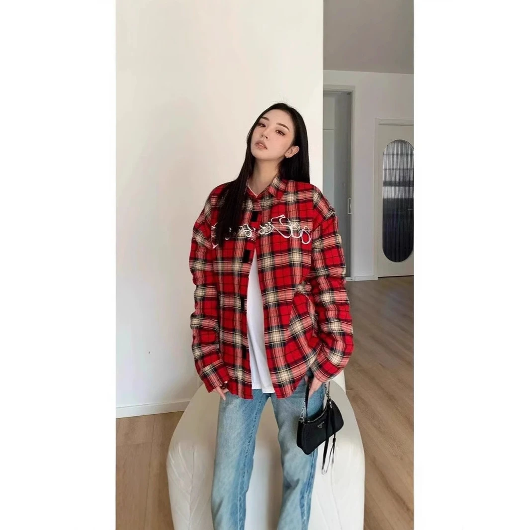 美式复古字母刺绣格子红色衬衫女秋装设计感宽松长袖衬衣外套上衣