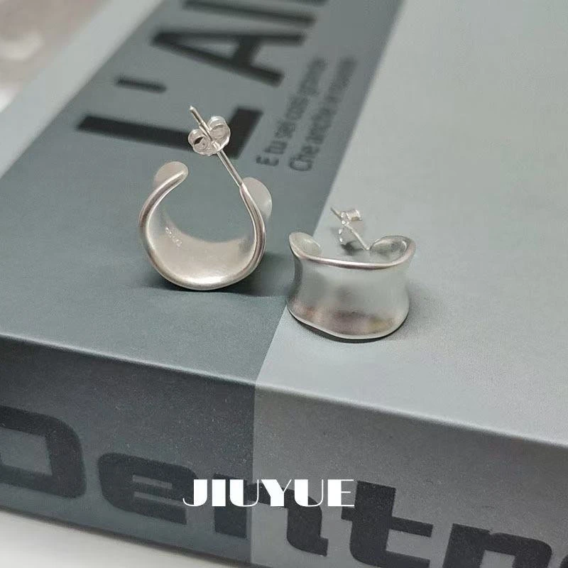 925银耳饰 925银磨砂不规则C形耳环简约冷淡风耳饰