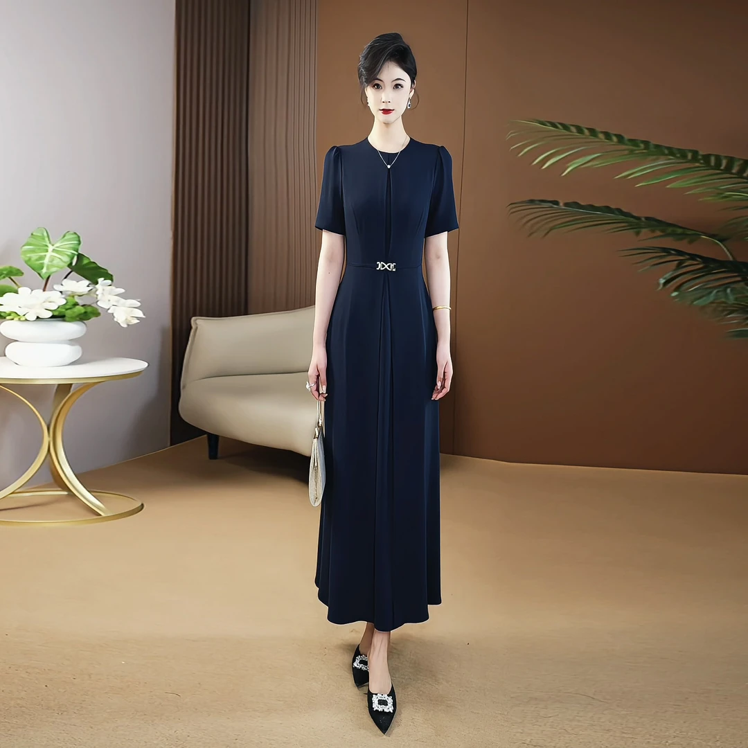 【现货】藏蓝色显白连衣裙2025夏新款收腰显瘦优雅时尚气质长裙077