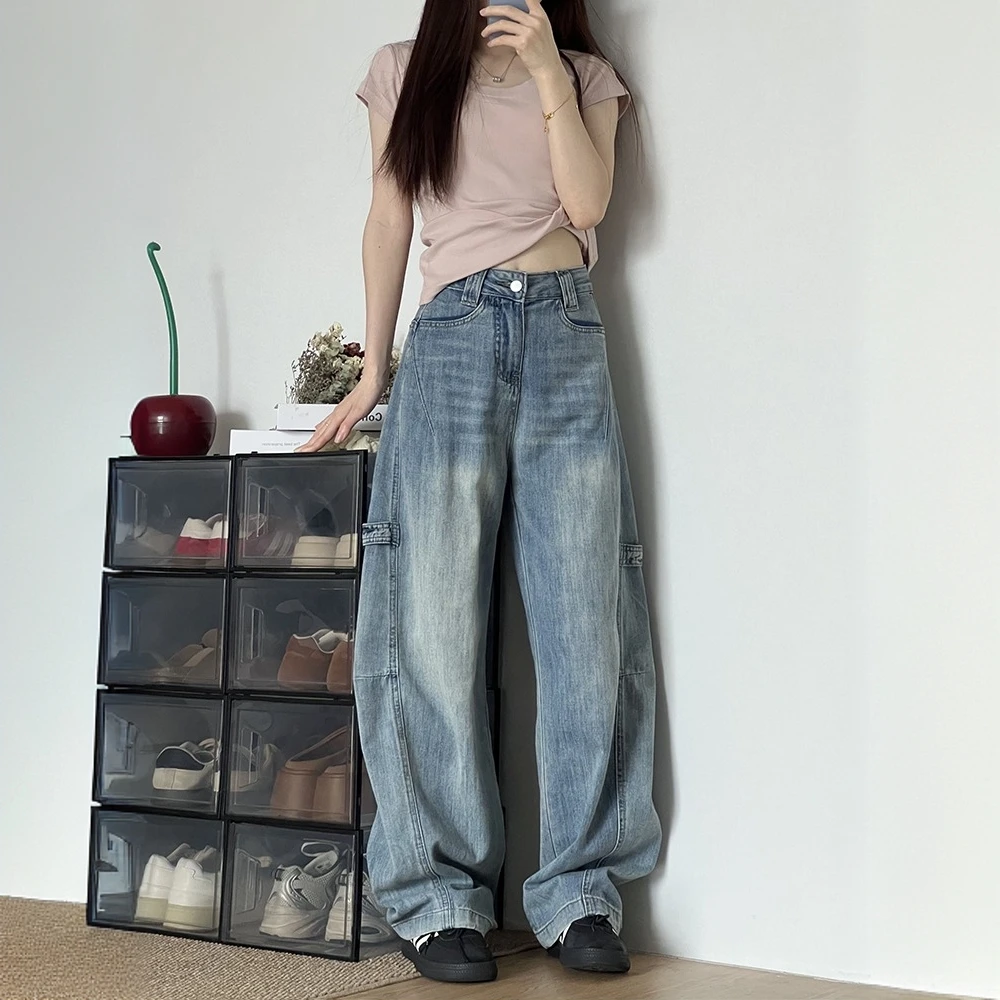 大码女装复古水洗做旧阔腿工装裤女胖mm高腰宽松显瘦直筒拖地裤潮