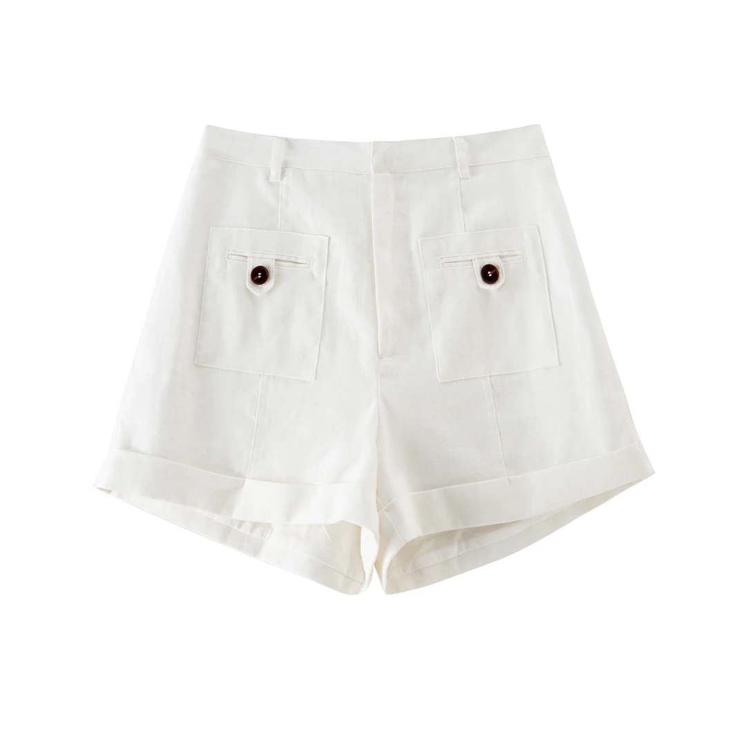 【KZ】素静短廓 正口袋设计自然慵懒透气白麻短裤 10278