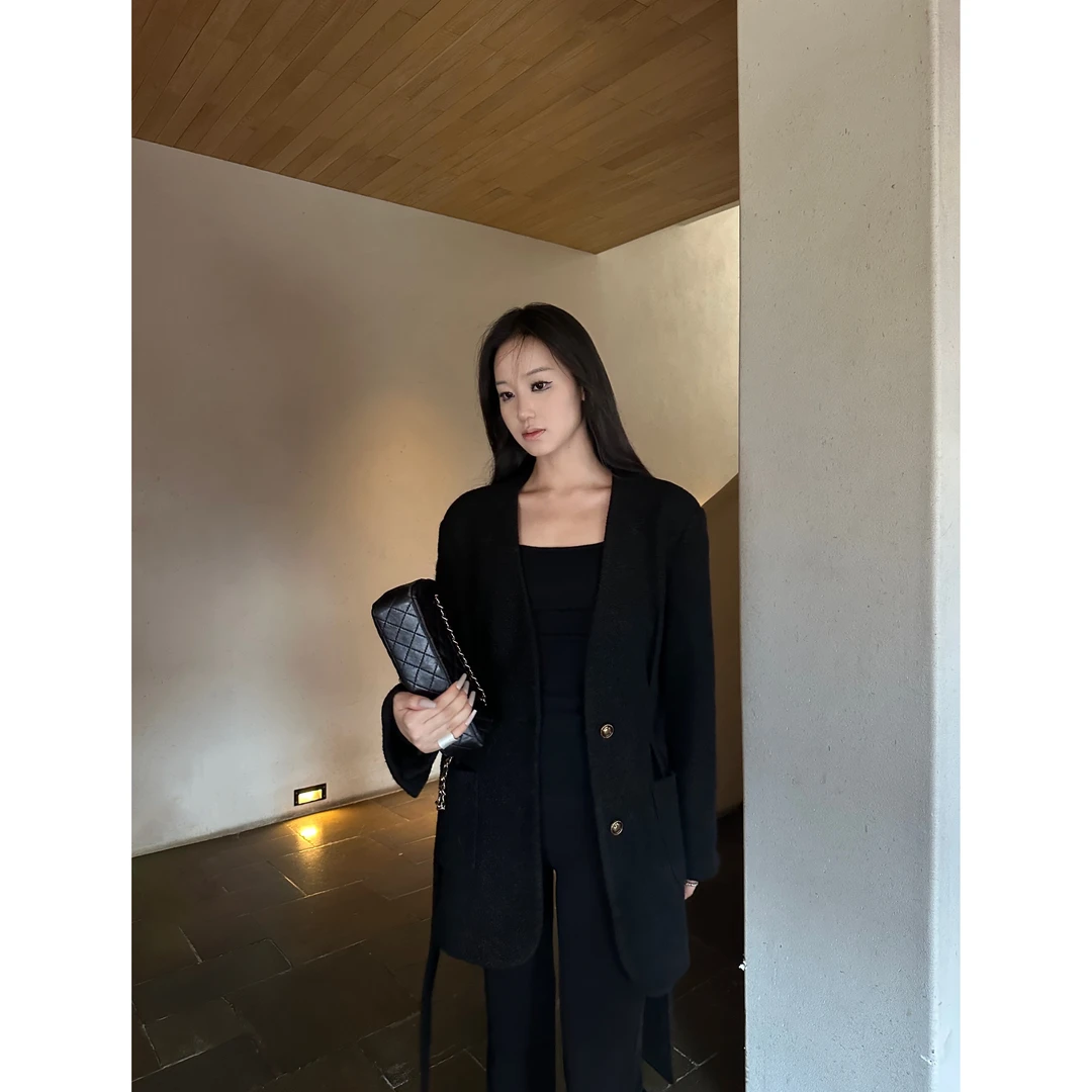 5werkwen 雅痞小众bi收款 毛呢无领收腰呢外套24-22