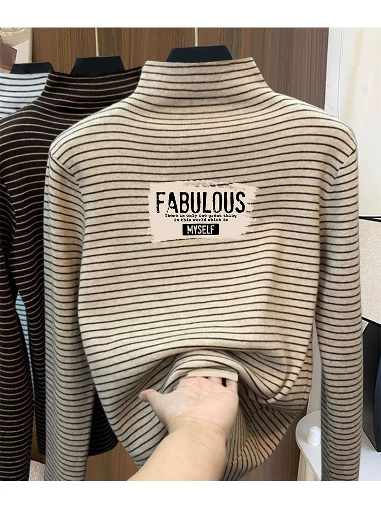 大码休闲内搭条纹上衣冬季加厚保暖半高领长袖打底双面德绒T恤女