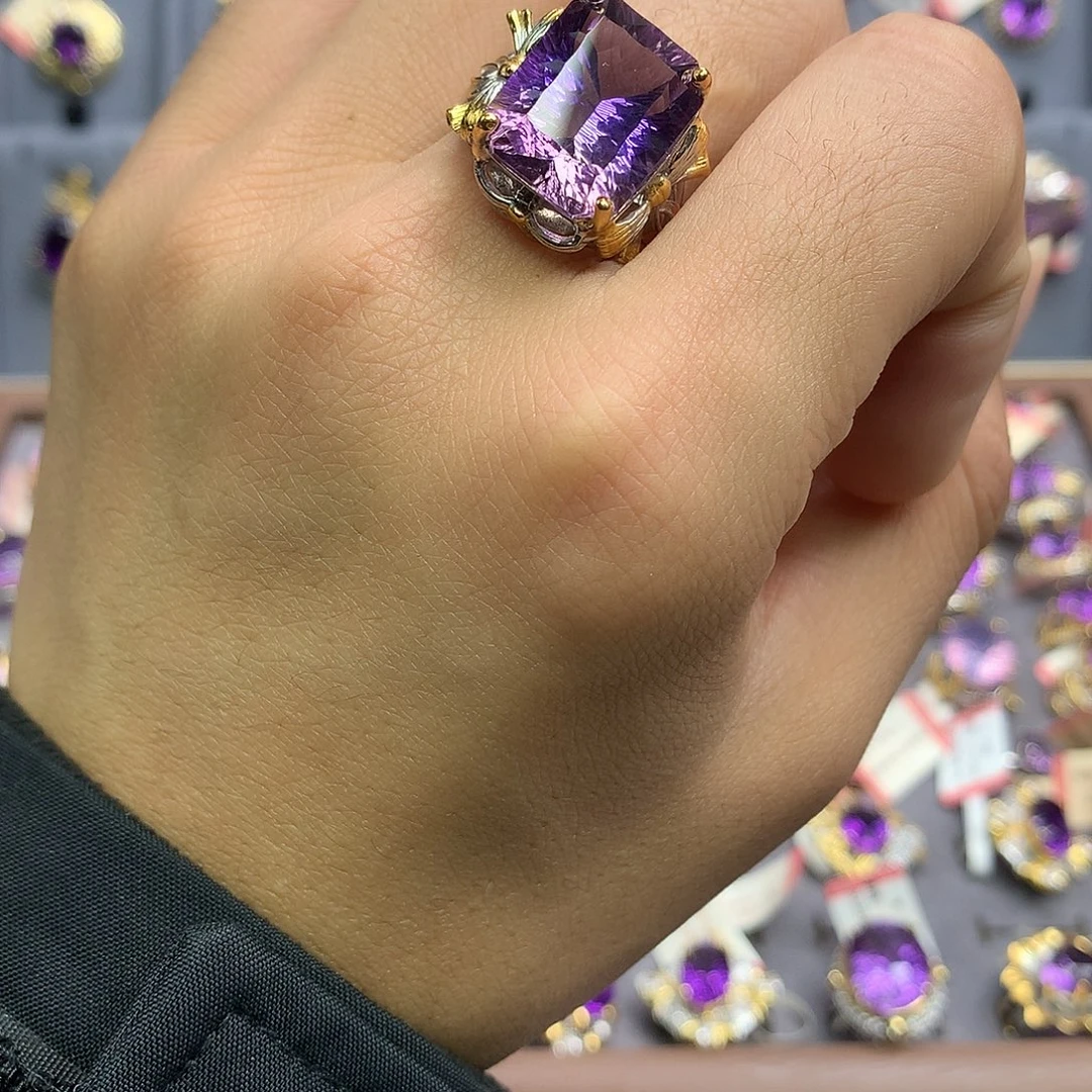 银S925镀金镶嵌戒指水晶
