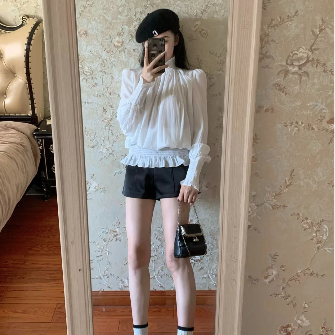 白色花瓣袖高领衬衫女小个子秋季新款设计感木耳边立领长袖上衣潮