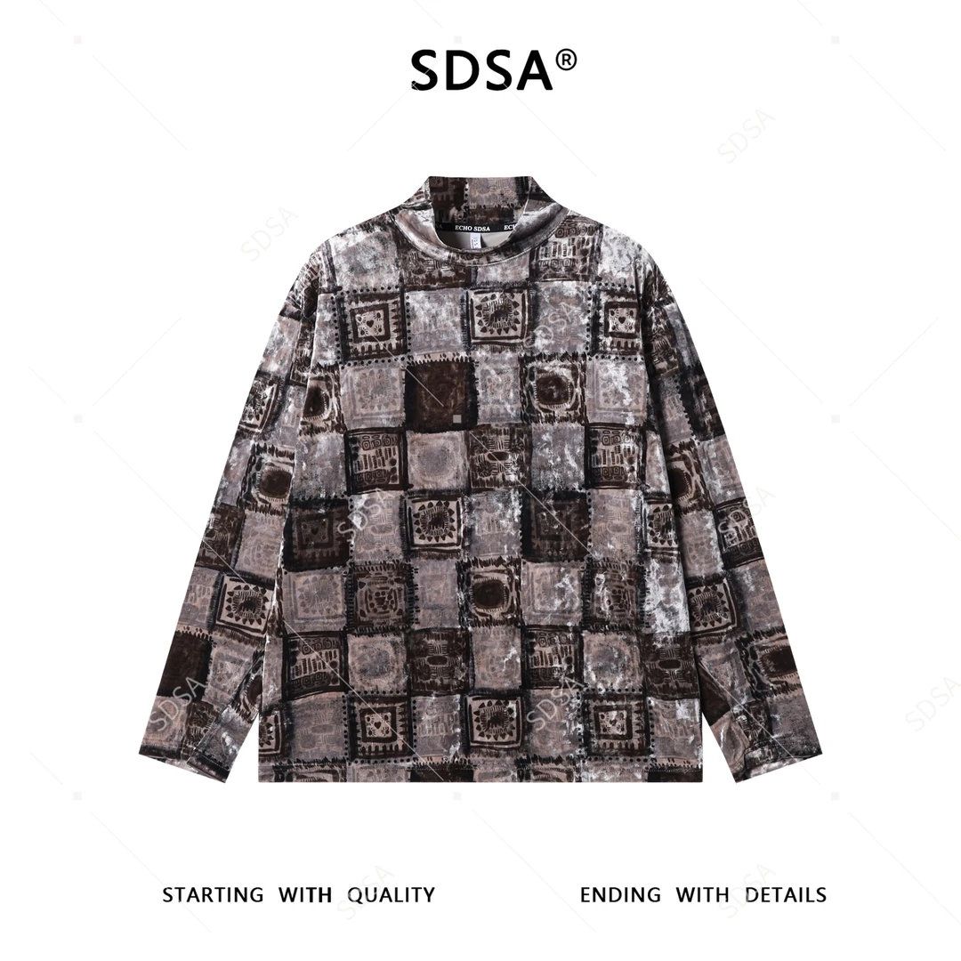 SDSA男士秋冬新款痞帅男装潮牌设计师绒面格子半高领长袖T恤百搭