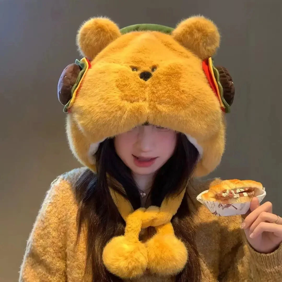 【猎豹】可爱汉堡小熊毛绒帽子女保暖防寒秋冬加绒加厚显脸小护耳