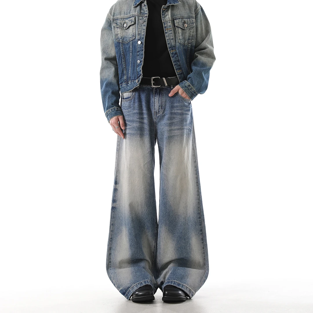 MONOLOGEboxy复古休闲弯刀牛仔裤男扎染渐变色水洗做旧百搭长裤女