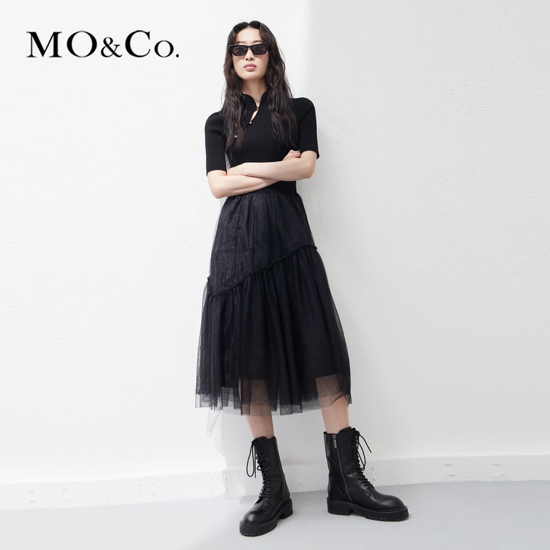 MOCO春新中式斜门襟高腰拼接连衣裙MBC1DRS027