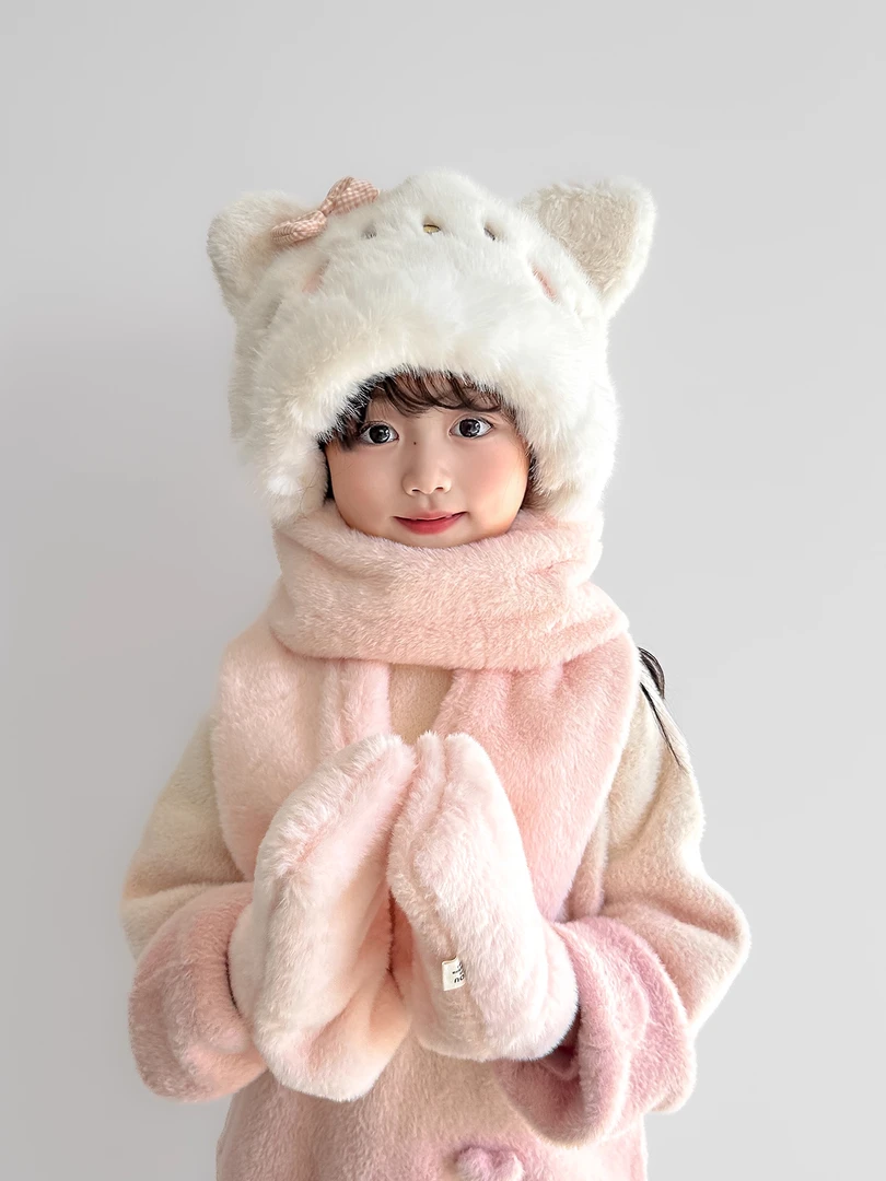 儿童帽子围巾手套一体帽冬季可爱猫咪宝宝毛绒帽三件套女童护耳帽