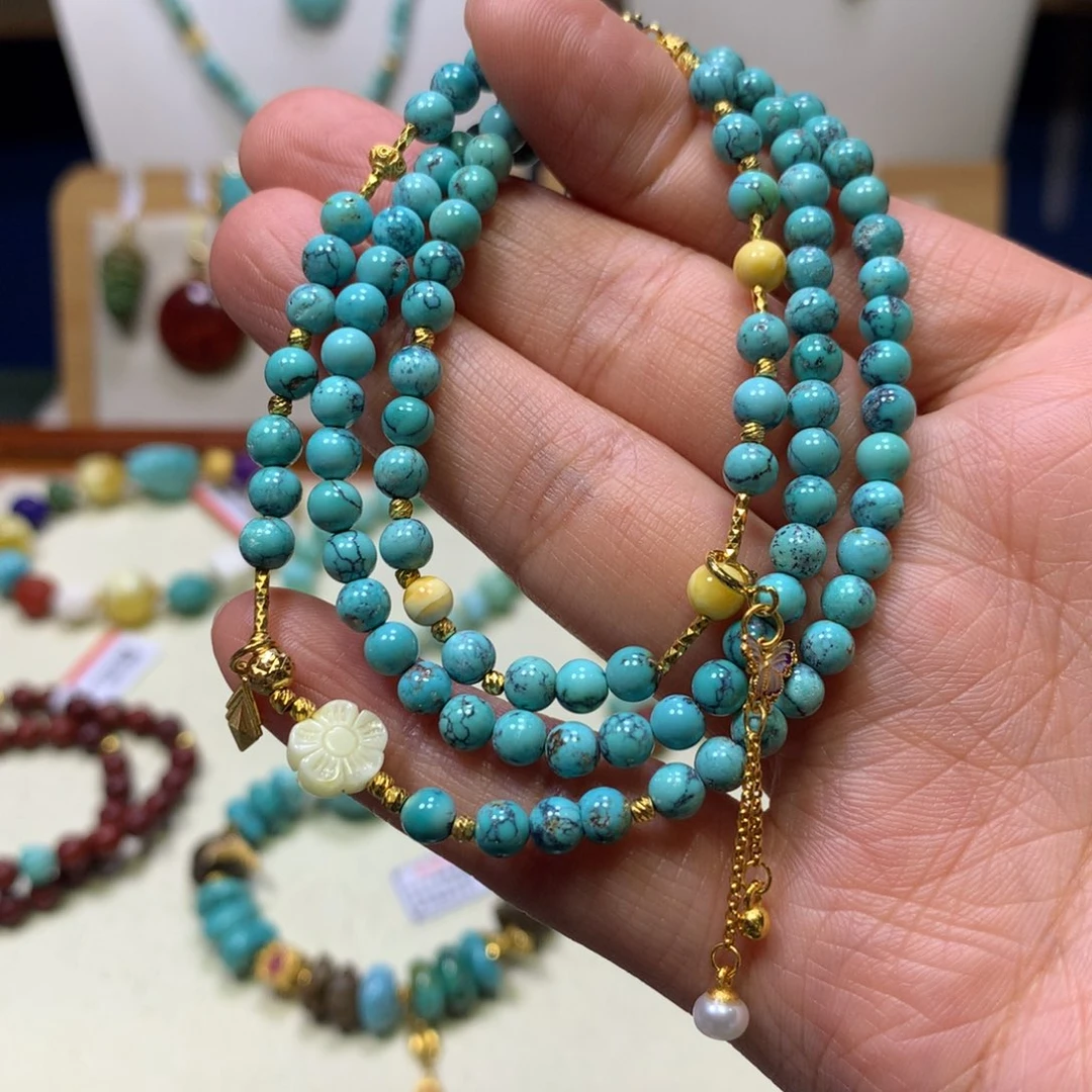 绿松石银S925镀金镶嵌项链