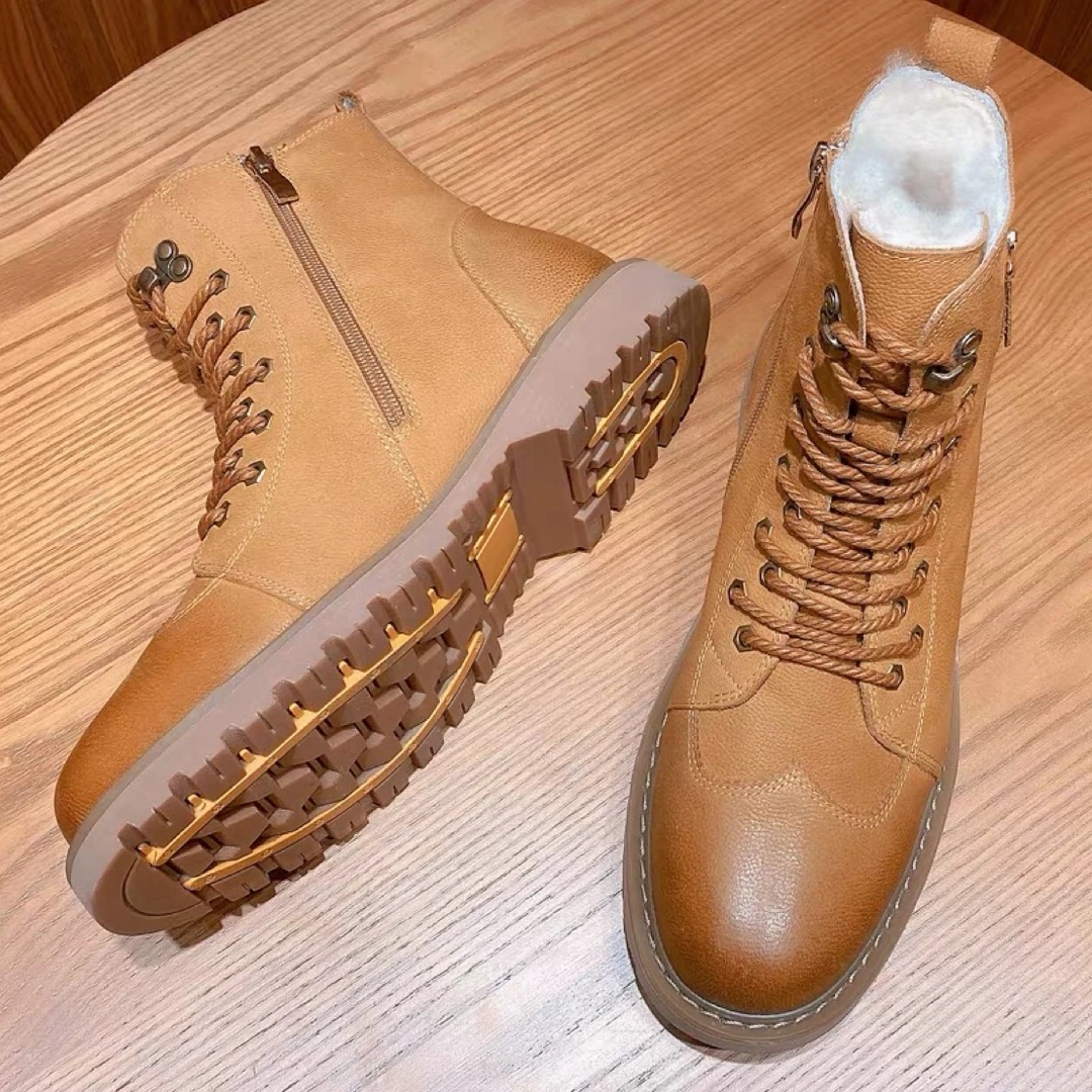 头层牛皮 广州真皮加绒高帮冬季防滑复古百搭保暖男士休闲羊毛靴