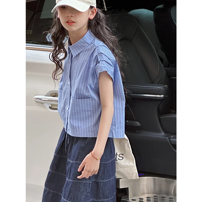 K28692竖条学院风女童无袖衬衫儿童夏装上衣2025女孩大童休闲小衫