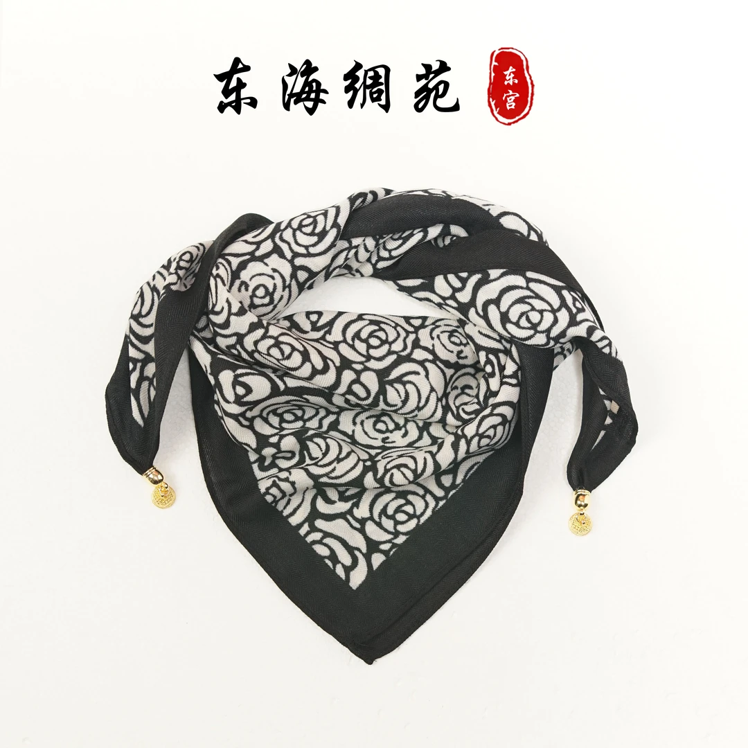 黑白玫瑰【东海绸苑】新中式轻奢高定国风丝巾70*70（)