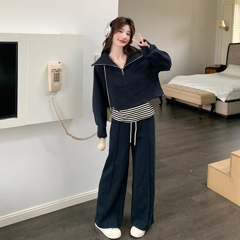 藏青色休闲卫衣套装女2025春季新款时尚休闲条纹背心直筒裤三件套