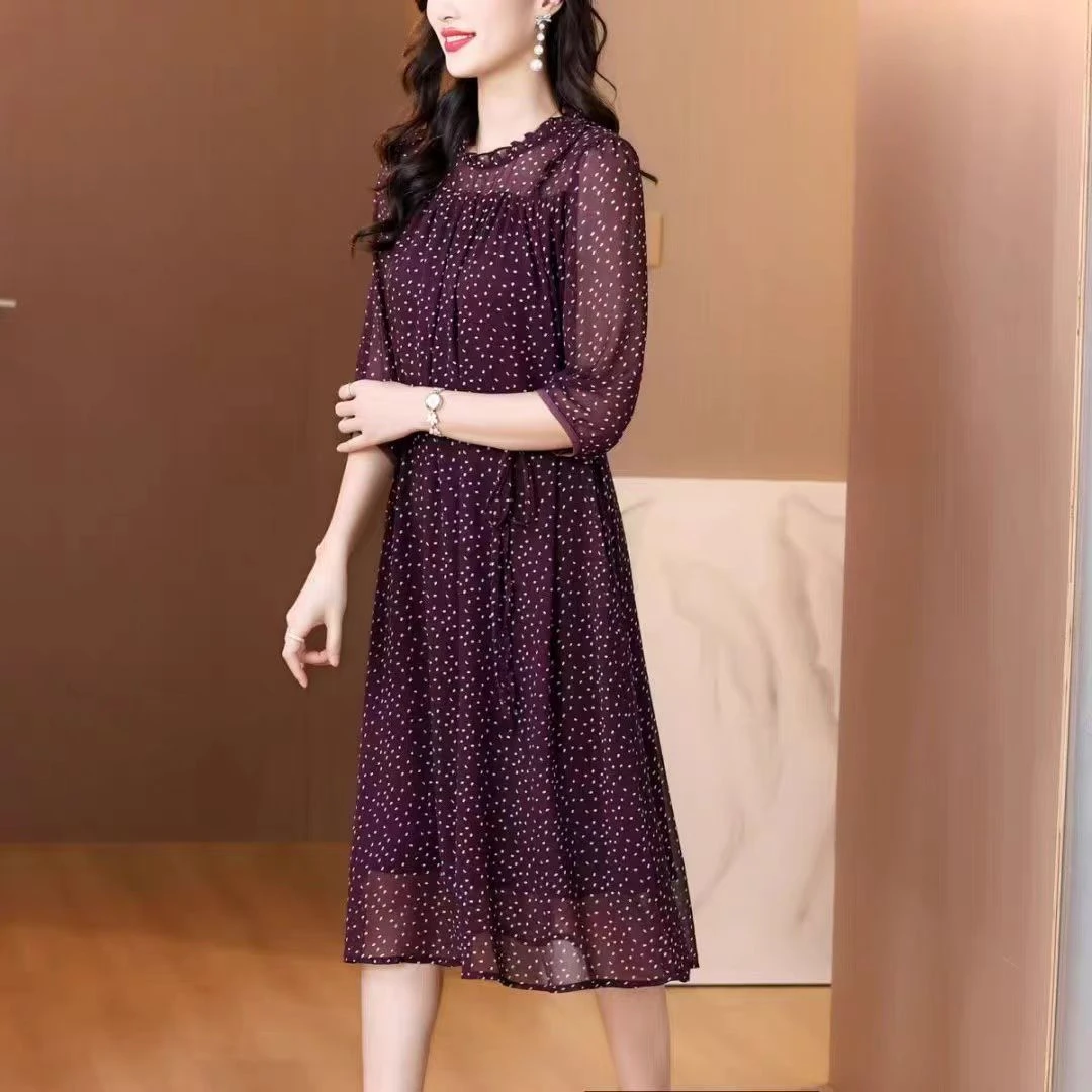 【安安高定】气质紫色波点高级连衣裙时尚修身显瘦中长款连衣裙
