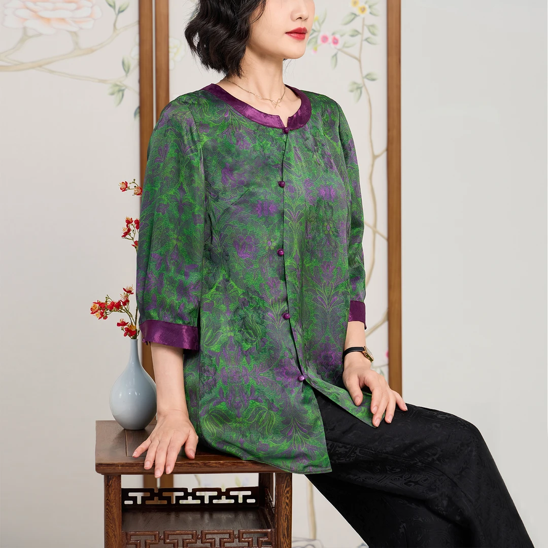 大码上衣女秋2025新款时尚印花复古新中式高级洋气妈妈衬衫