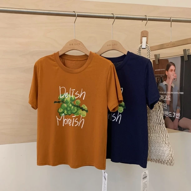 A东大门韩国原单韩系字母水果印花圆领纯色百搭休闲宽松T恤3475