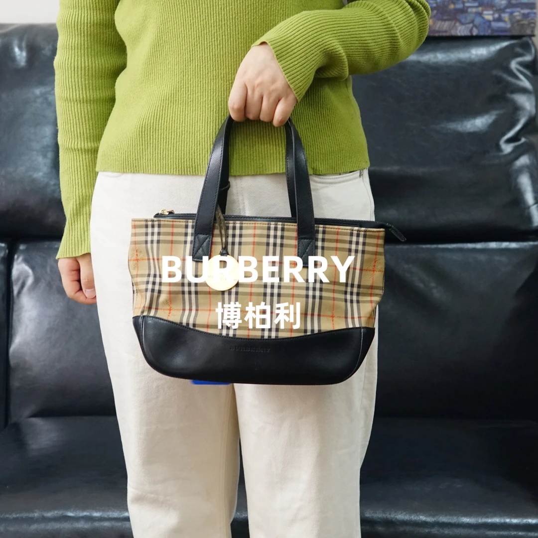 95新 BURBERRY/博柏利 巴宝莉/格纹拼皮手提包/JJ12110477/0477