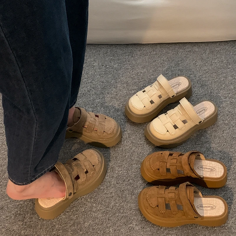 贾不假包头凉鞋女2025春季新款潮流复古时尚小个子厚底休闲罗马鞋