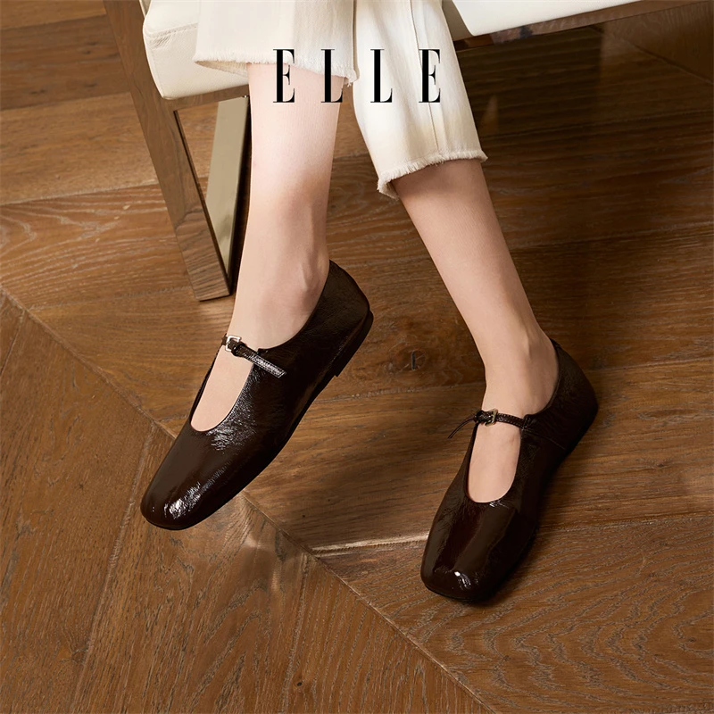 ELLE小方头玛丽珍单鞋女秋季2025新款平底低跟奶奶鞋真皮通勤女鞋