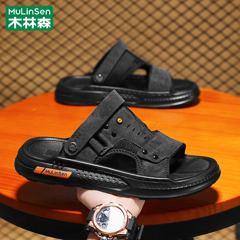 木林森男士一字拖2025新款夏季外穿防滑凉鞋男休闲开车两用沙滩鞋
