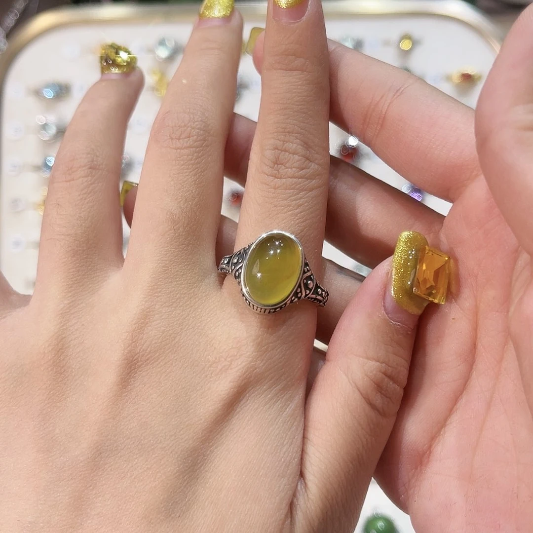 蛇纹石玉戒指银S925镶嵌