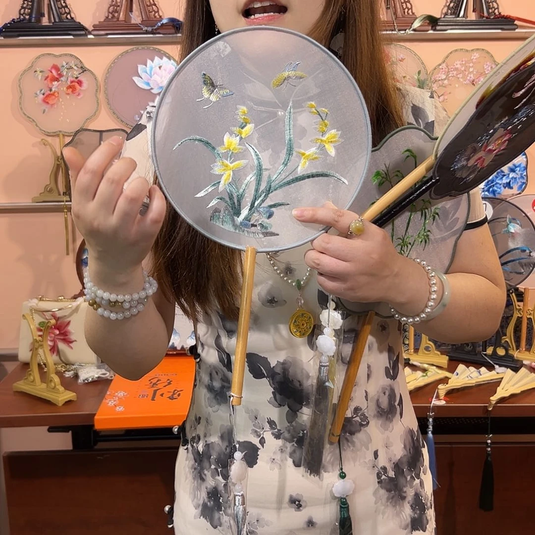 绢双面绣福利团扇君子兰