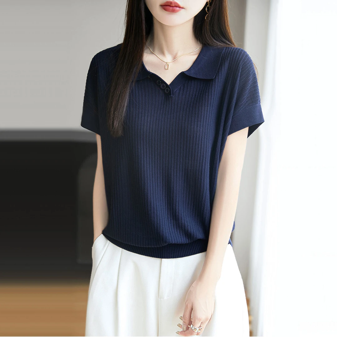 短袖时尚小众针织衫冰丝百搭针织洋气打底衫翻领薄款显瘦宽松上衣