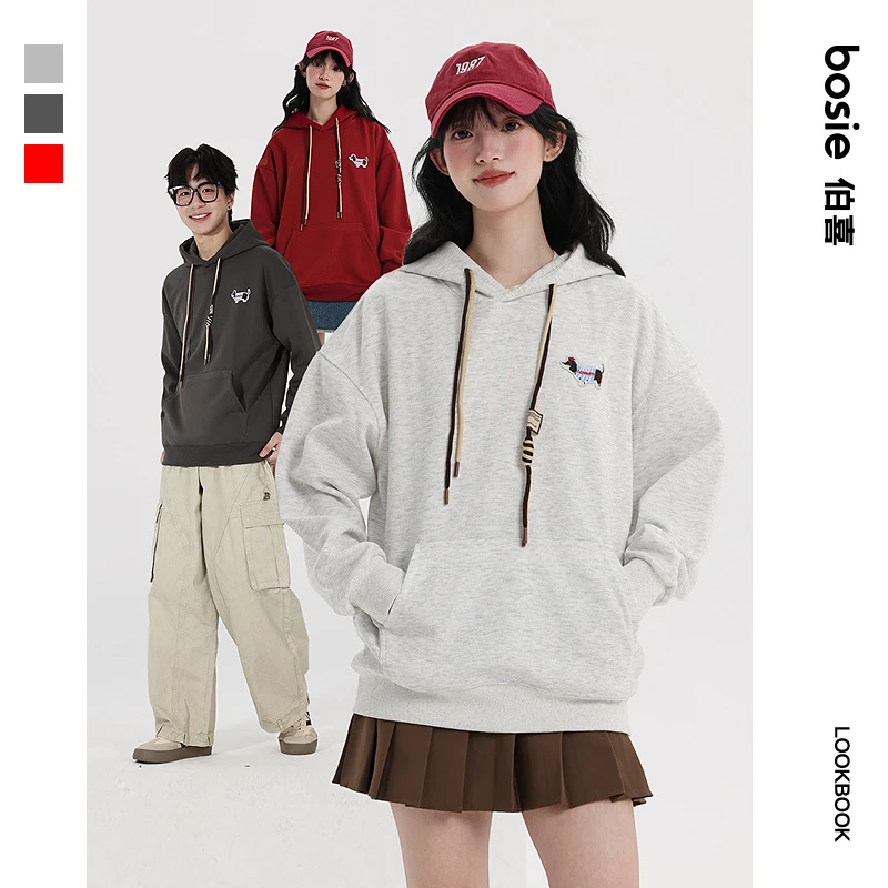 bosie2025秋季新款卫衣美式复古宽松百搭腊肠狗摇粒绒套头连帽