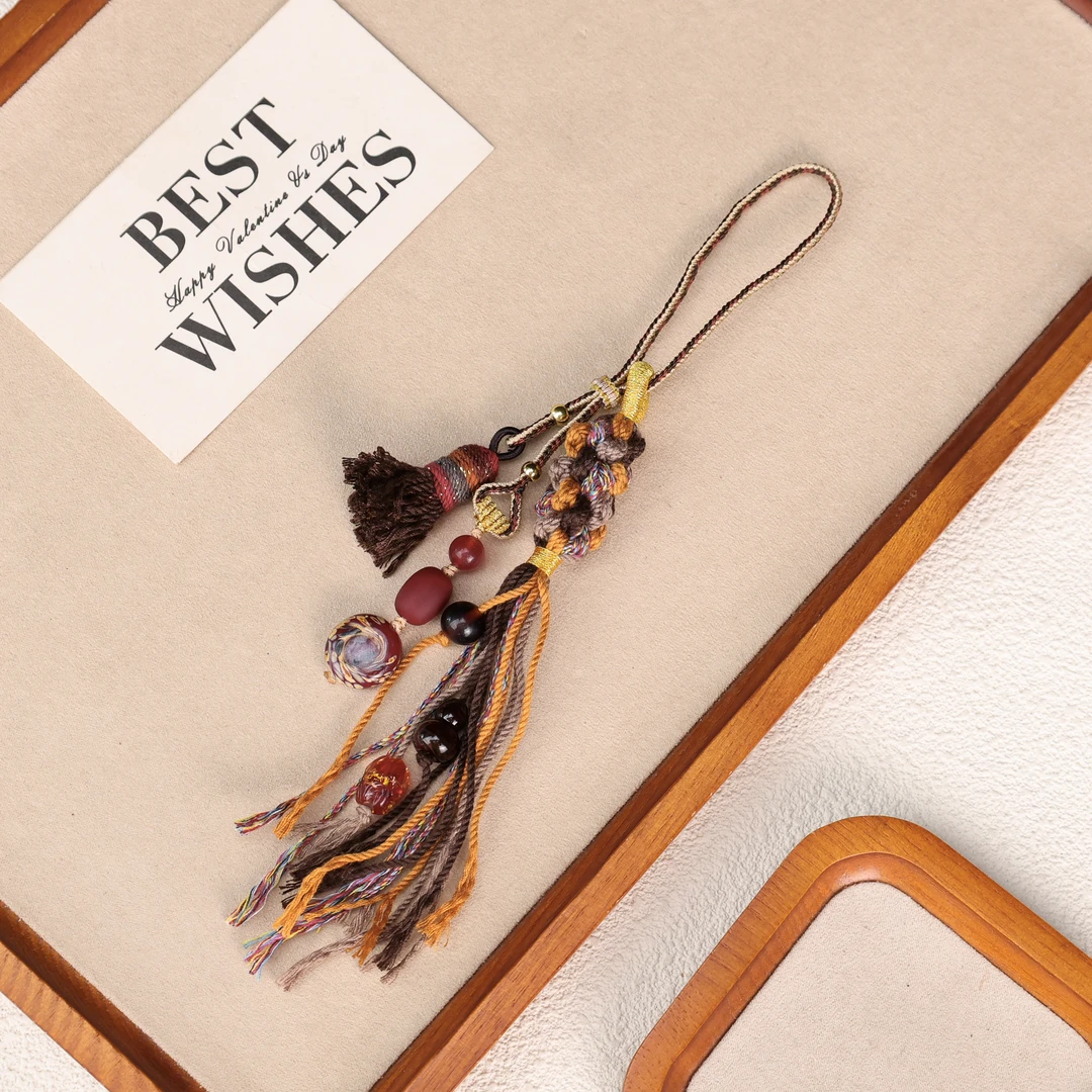 LZ5022 暗红色凤尾老珠子流苏手机链车挂