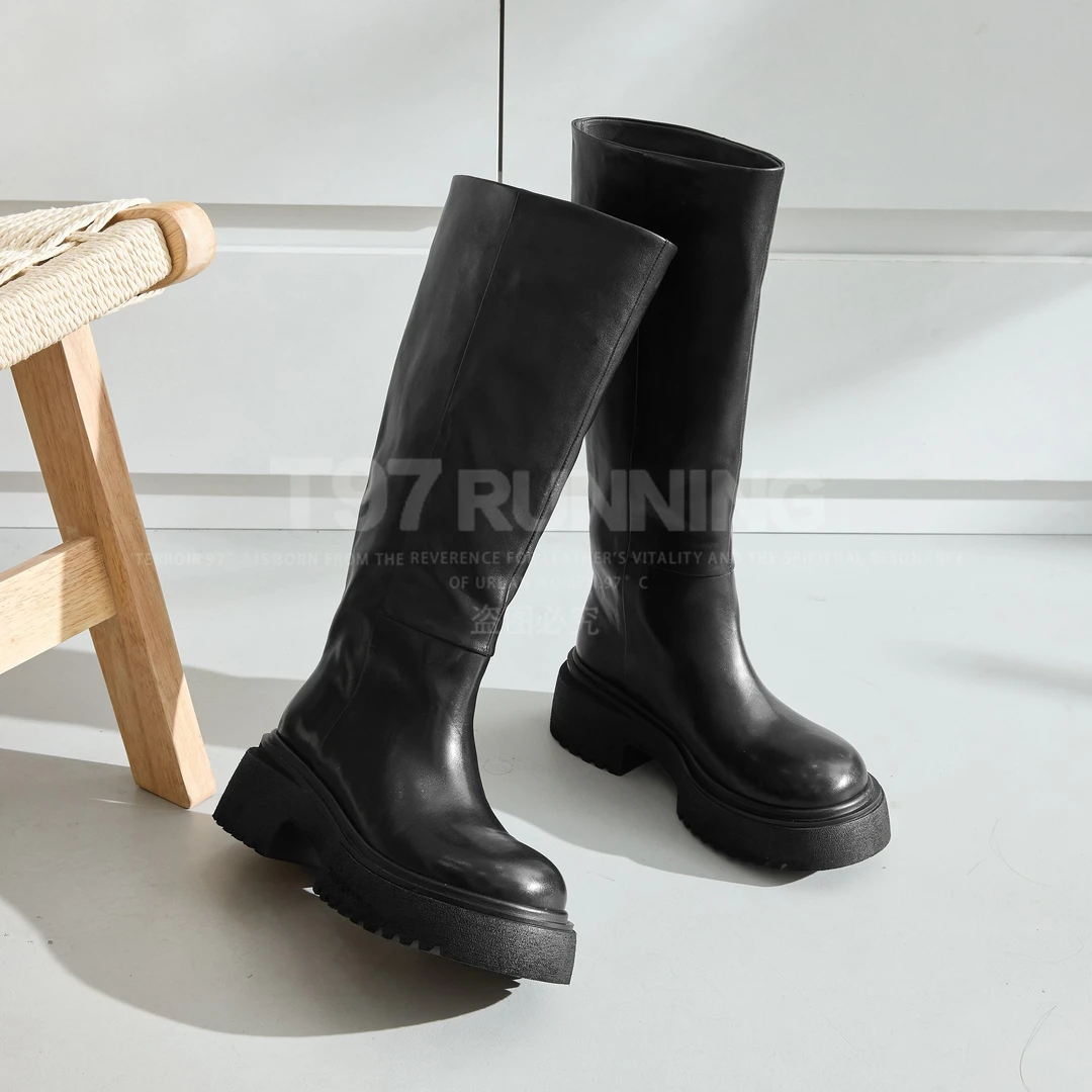 T972025新款欧洲站设计感小众真皮百搭一脚蹬长靴高级骑士靴G3096