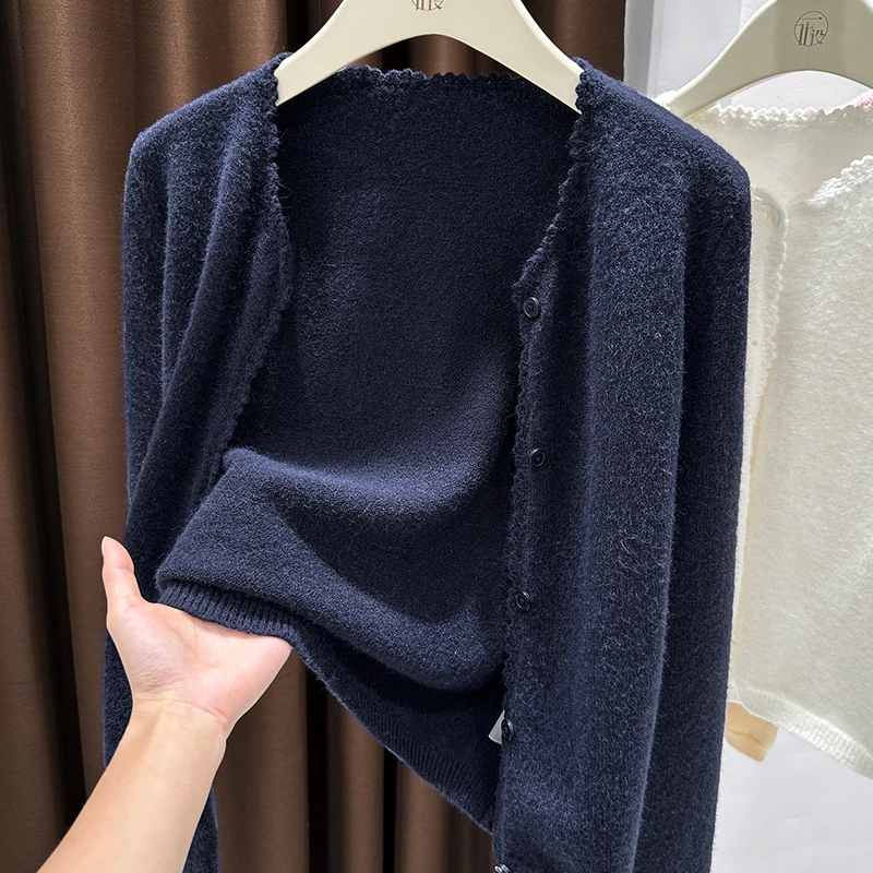藏蓝色毛衣针织外套女2026新款圆领长袖开衫小外搭休闲披肩空调衫
